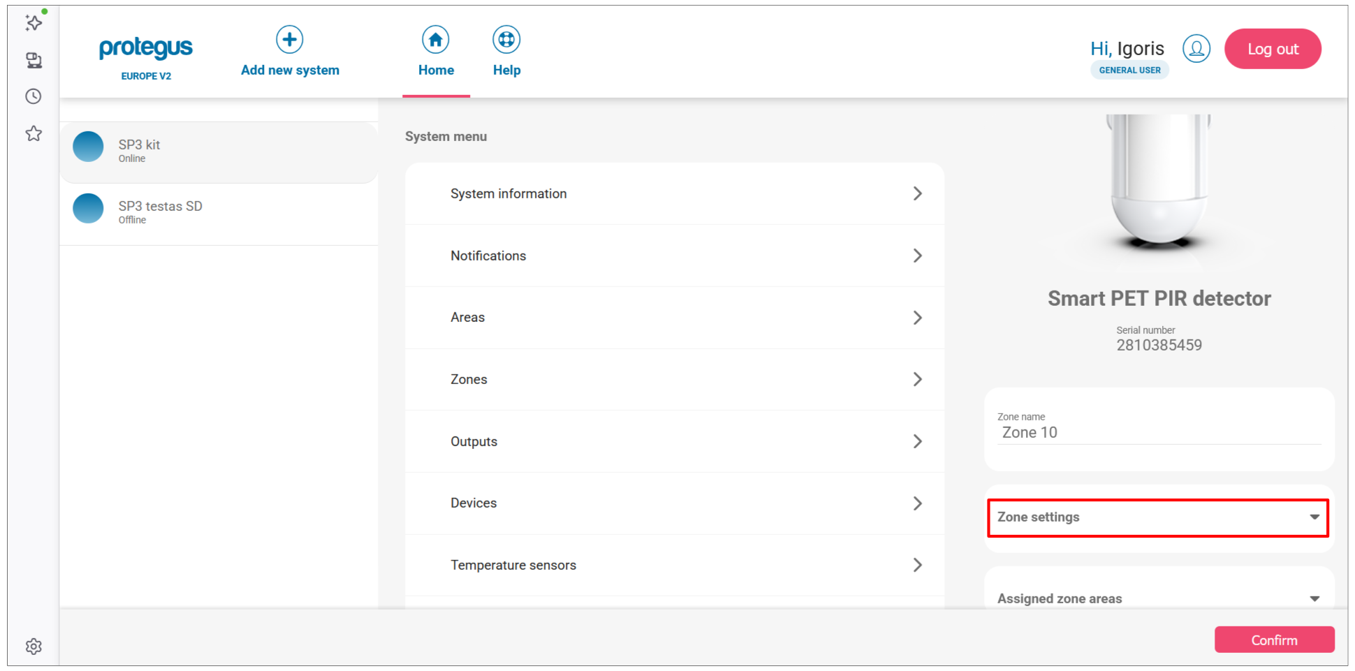 Protegus web app — sensor detail page; Zone settings section highlighted