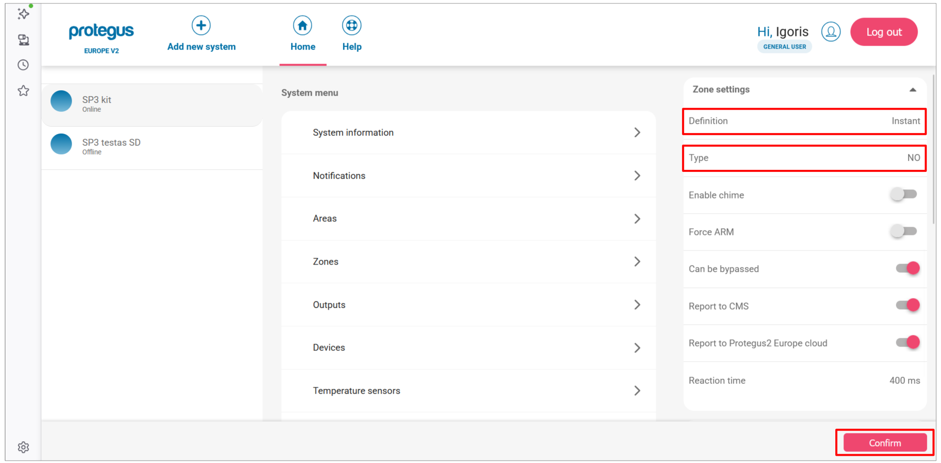 Protegus web app — Zone settings expanded showing Definition and Type fields highlighted