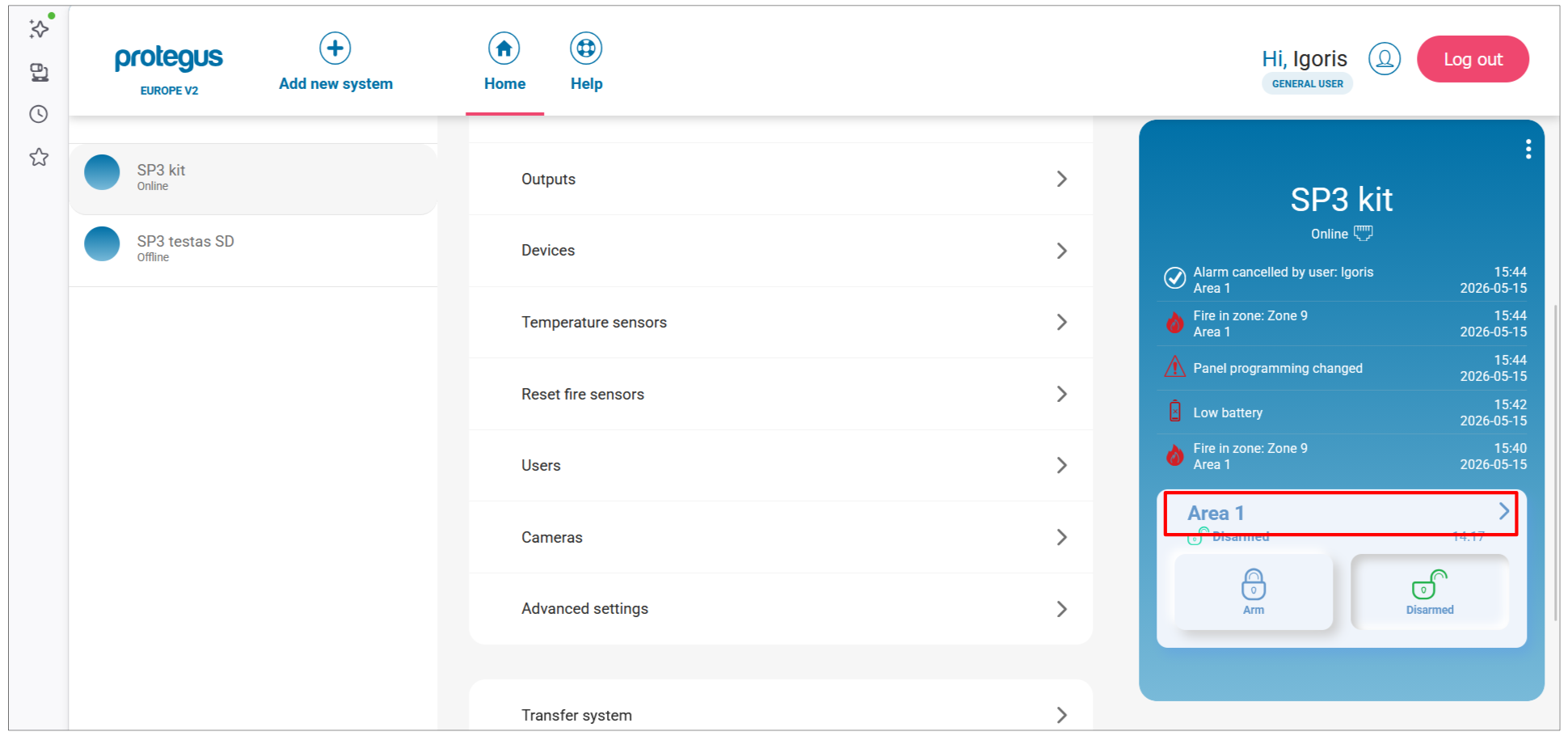Protegus web app — home screen with Area 1 tile highlighted