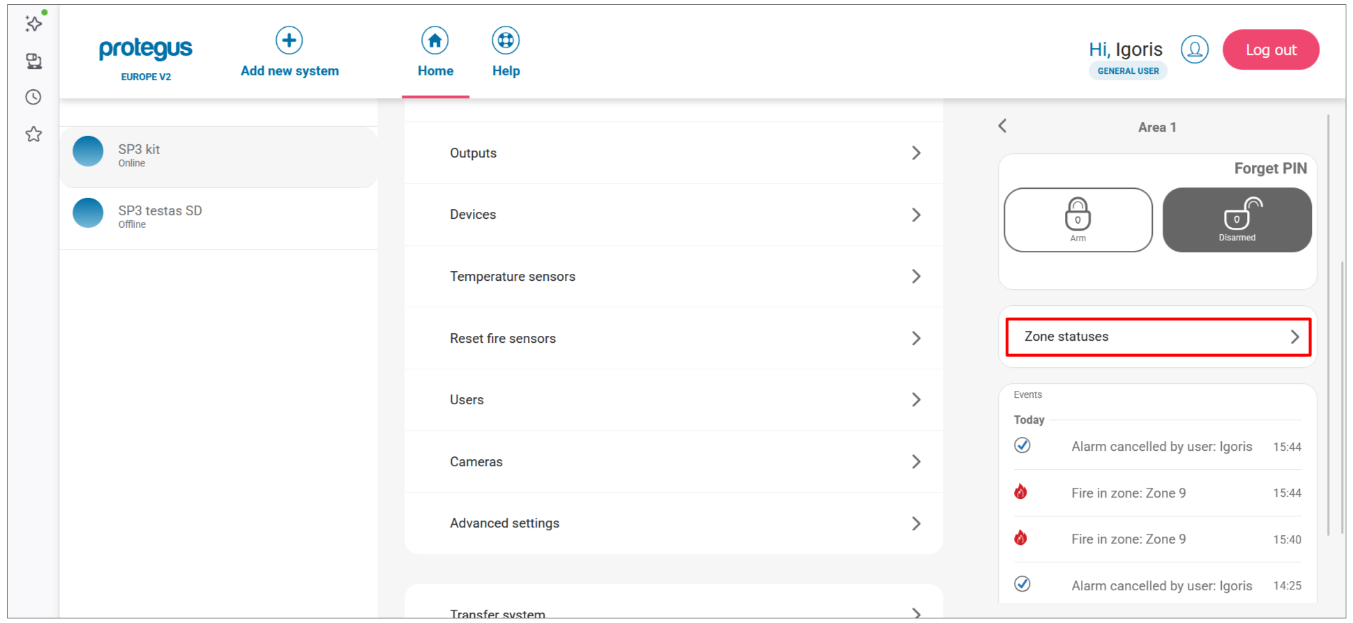 Protegus web app — Area 1 panel with Zone statuses button highlighted