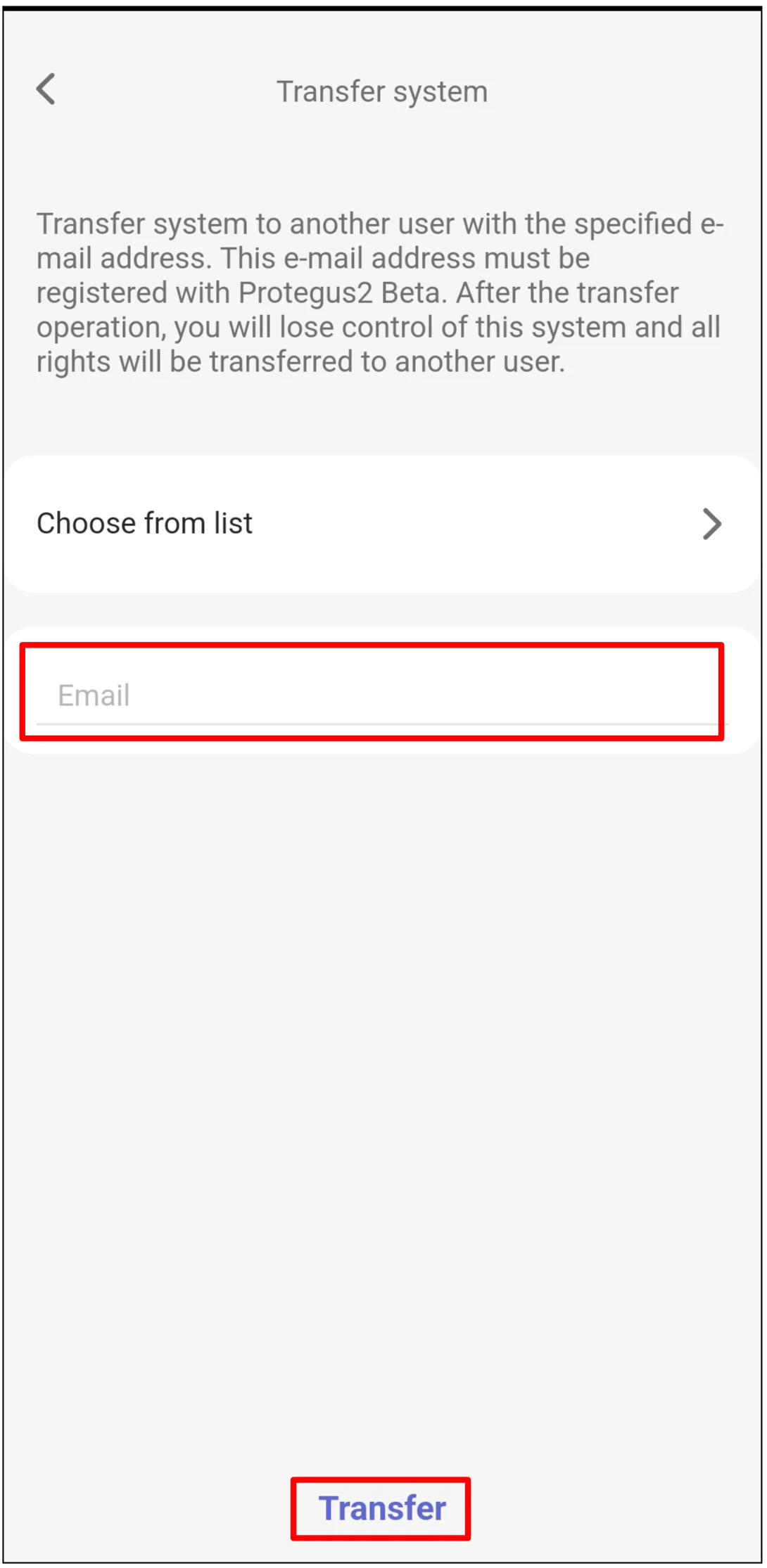 Protegus2 user email transfer screen