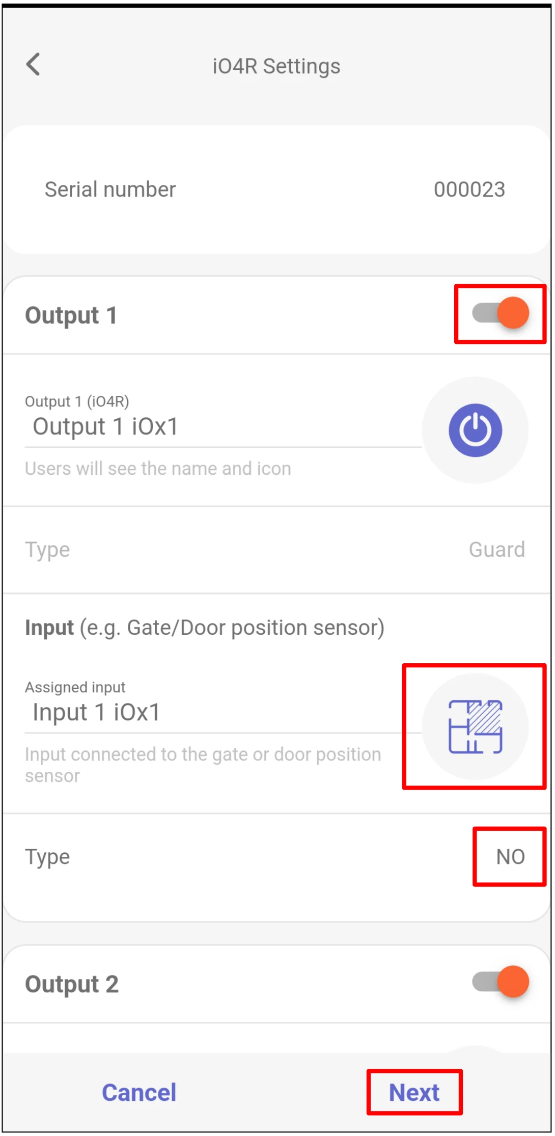 Protegus2 iO4R output and assigned input settings