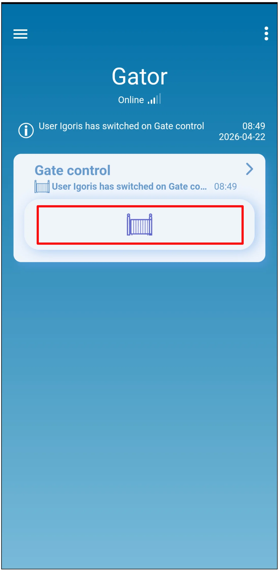 Protegus2 gate open control screen
