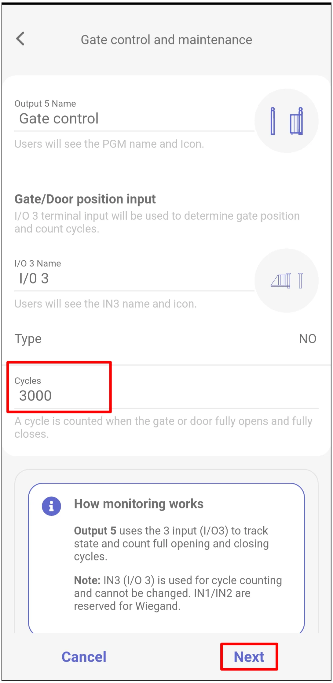 Protegus2 gate control and maintenance cycles screen