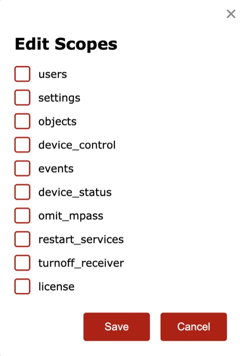Users tab create user step: edit scopes dialog