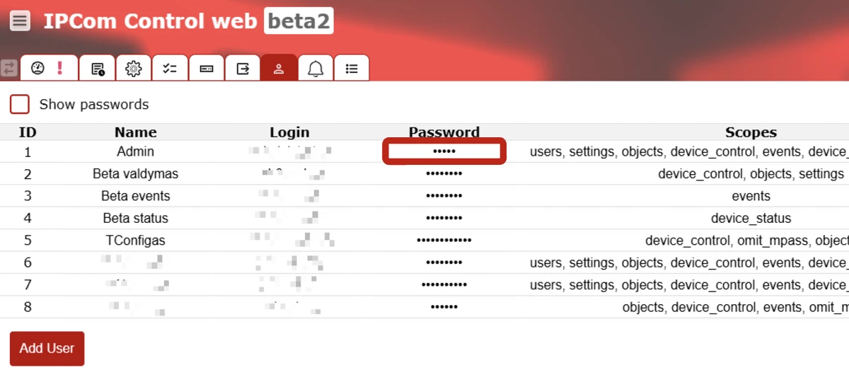Users tab password change step: update password list row