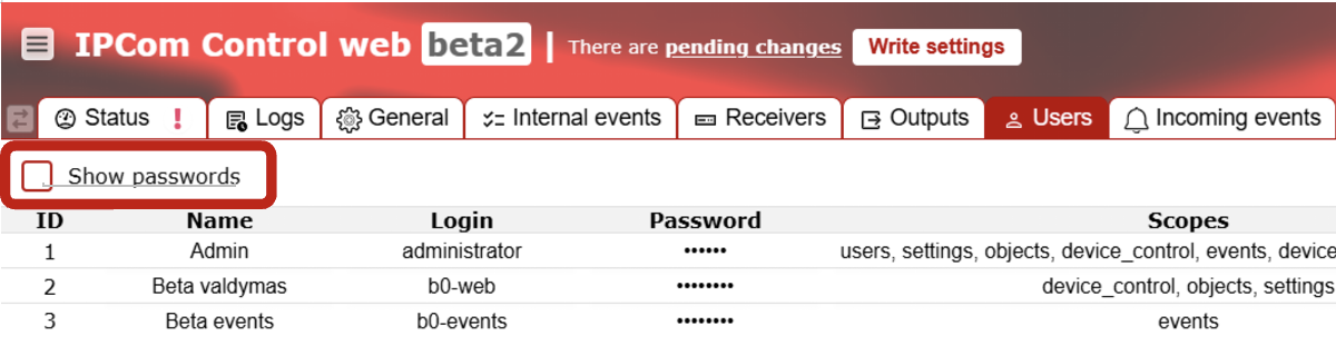 Users tab password change step: show passwords