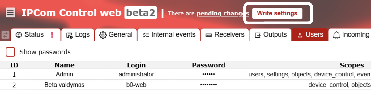 Users tab create user step: save settings