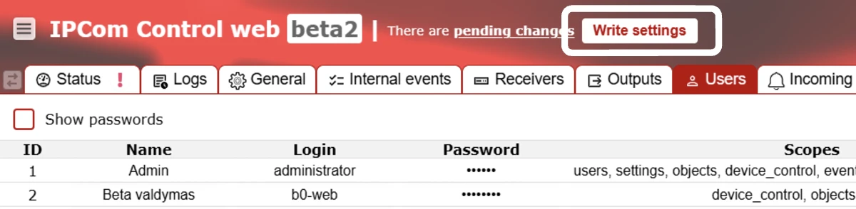Users tab create user step: save settings