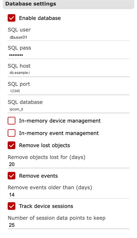 General tab Database settings section