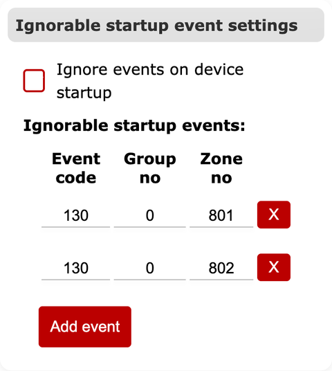 General tab Ignorable startup event settings section