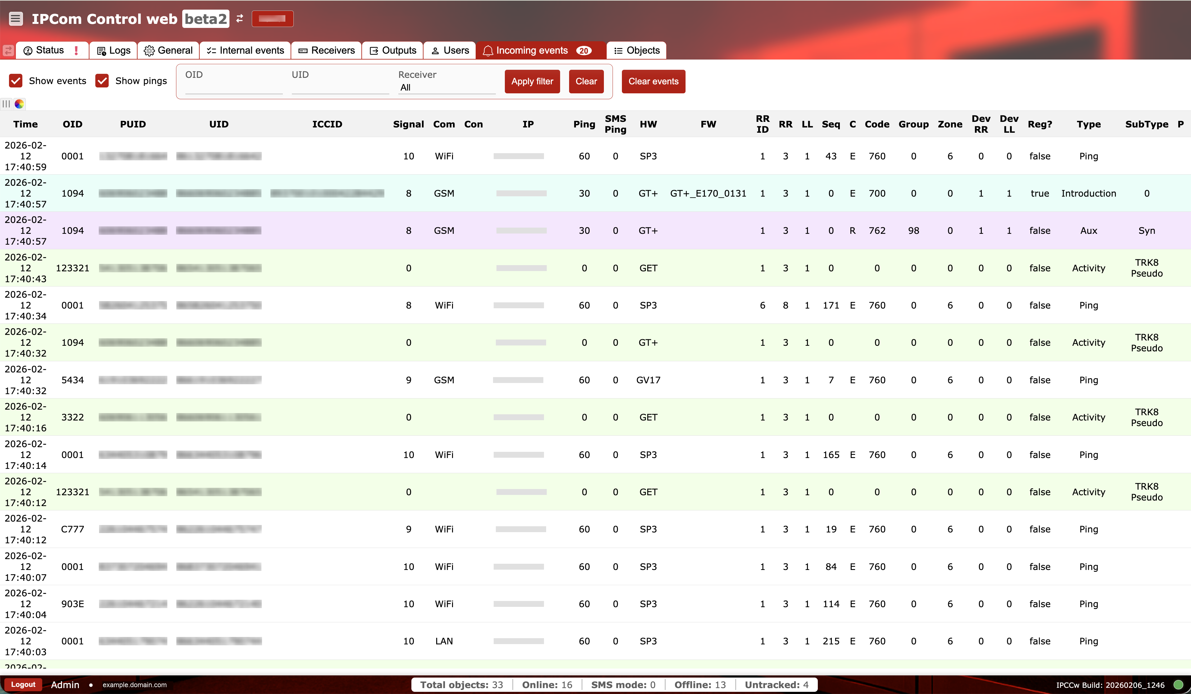 Incoming events tab full-screen view