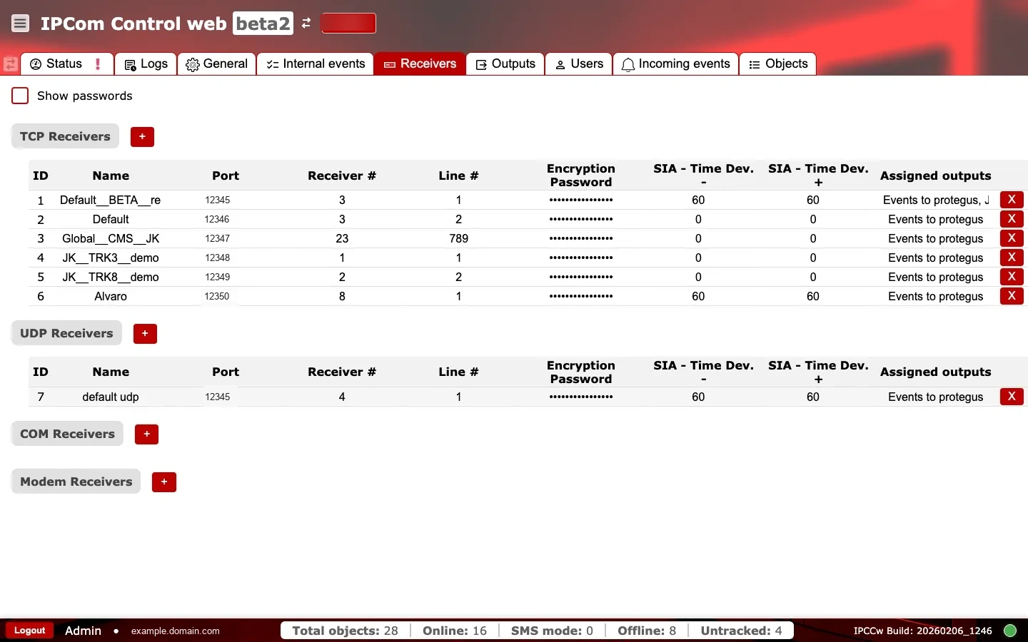 Receivers tab full-screen view