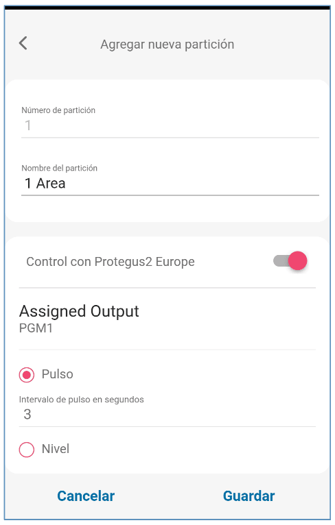 Pantalla Agregar nueva partición de Protegus2: Número de partición 1 y Nombre de partición «1 Area». El interruptor «Control con Protegus2 Europe» está activado. La salida asignada es PGM1; Pulso está seleccionado con un intervalo de 3 segundos. También aparecen Nivel y los botones Cancelar y Guardar.