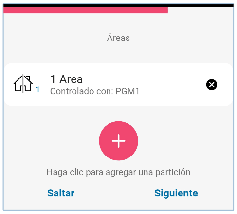 Pantalla Áreas de Protegus2: la partición 1 Area figura como Controlado con: PGM1. Debajo aparecen el botón para agregar una partición y las opciones Saltar y Siguiente.