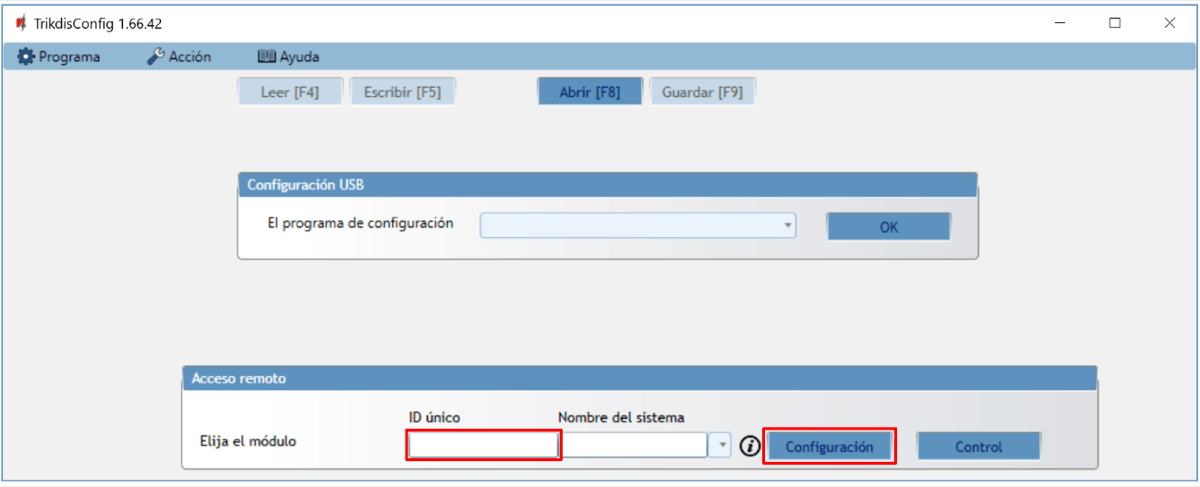 TrikdisConfig, ventana inicial: sección «Configuración USB» con el desplegable «El programa de configuración» y el botón «OK»; debajo, sección «Acceso remoto» con el campo «ID único» y el botón «Configuración» resaltados, junto al campo «Nombre del sistema» y el botón «Control».