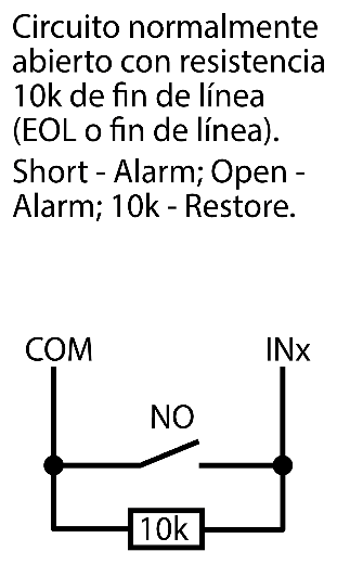 Esquema de conexión de entrada: contacto NO y resistencia de fin de línea de 10k en paralelo entre COM e INx. Short - Alarm; Open - Alarm; 10k - Restore.