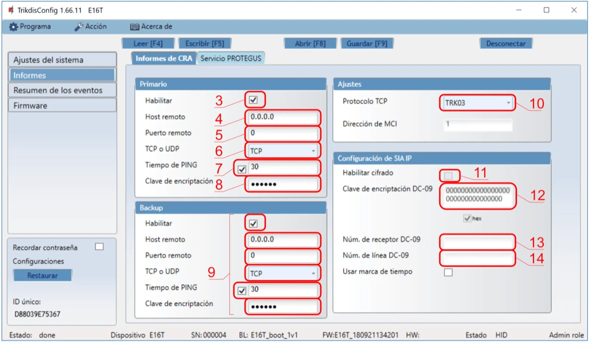 Ajustes del servicio Protegus E16T