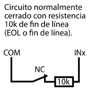 Entre COM e INx, un contacto normalmente cerrado (NC) está en serie con una resistencia de fin de línea de 10k.