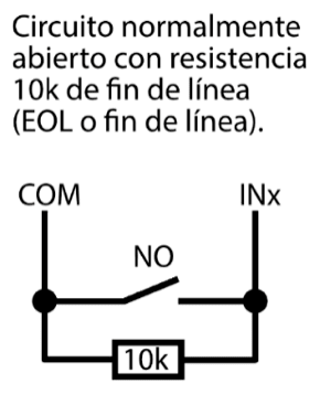Entre COM e INx, un contacto normalmente abierto (NO) está en paralelo con una resistencia de fin de línea de 10k.