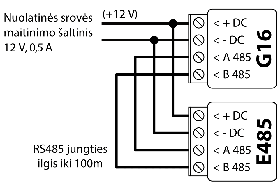 Prijungimo schema: G16 prie E485. Nuolatinės srovės maitinimo šaltinis 12 V, 0,5 A: (+12 V) į abiejų įrenginių +DC, kita maitinimo linija į abiejų -DC; atšakos sujungtos taškais. RS485 jungties ilgis iki 100 m: G16 A 485 į E485 A 485, G16 B 485 į E485 B 485.