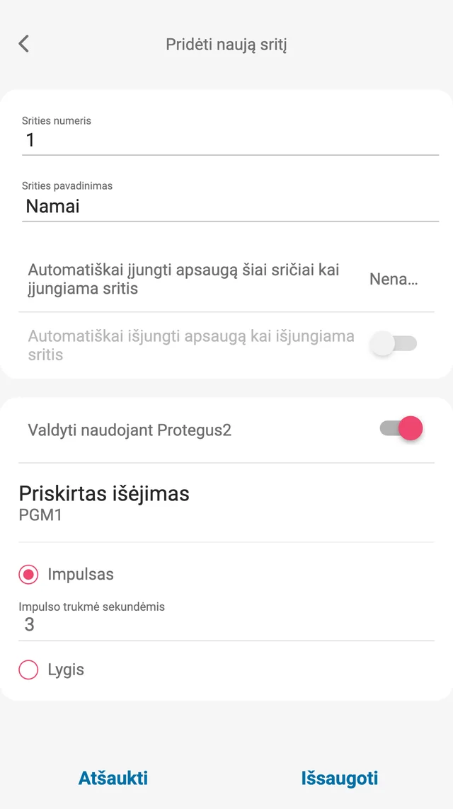 Protegus2 langas „Pridėti naują sritį“: srities numeris 1, srities pavadinimas „Namai“, automatinio apsaugos įjungimo eilutė (reikšmė nukirpta: „Nena…“), automatinis išjungimas išjungtas, „Valdyti naudojant Protegus2“ įjungta, priskirtas išėjimas PGM1, pasirinktas „Impulsas“ su 3 s trukme, „Lygis“ nepasirinktas. Mygtukai „Atšaukti“ ir „Išsaugoti“.