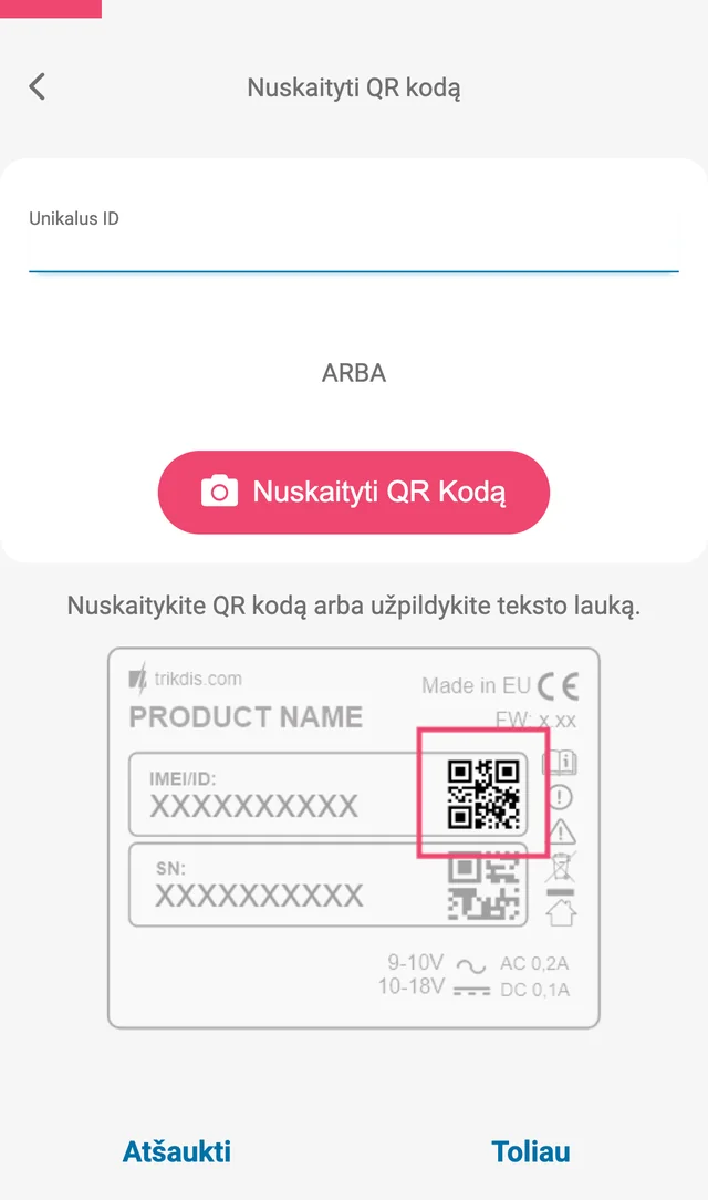 Protegus2 programėlės langas „Nuskaityti QR kodą“ sistemai pridėti: tuščias laukas „Unikalus ID“, „ARBA“, mygtukas „Nuskaityti QR kodą“, užrašas „Nuskaitykite QR kodą arba užpildykite teksto lauką.“ ir gaminio lipduko piešinys su pažymėtu QR kodu. Mygtukai „Atšaukti“ ir „Toliau“.