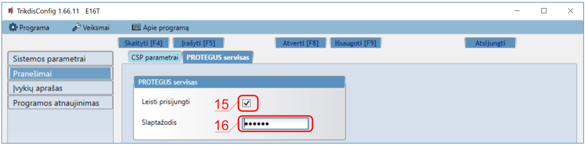 E16T Protegus serviso nustatymai
