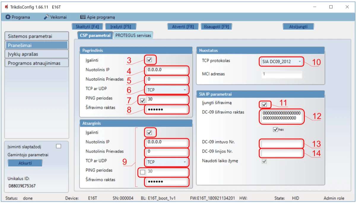 E16T CSP pranešimų nustatymai