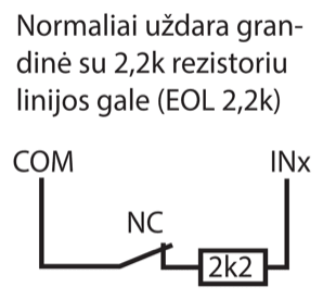 Prijungimo schema: NC kontaktas ir nuosekliai su juo tarp COM ir INx prijungtas 2,2k rezistorius linijos gale (EOL 2,2k).