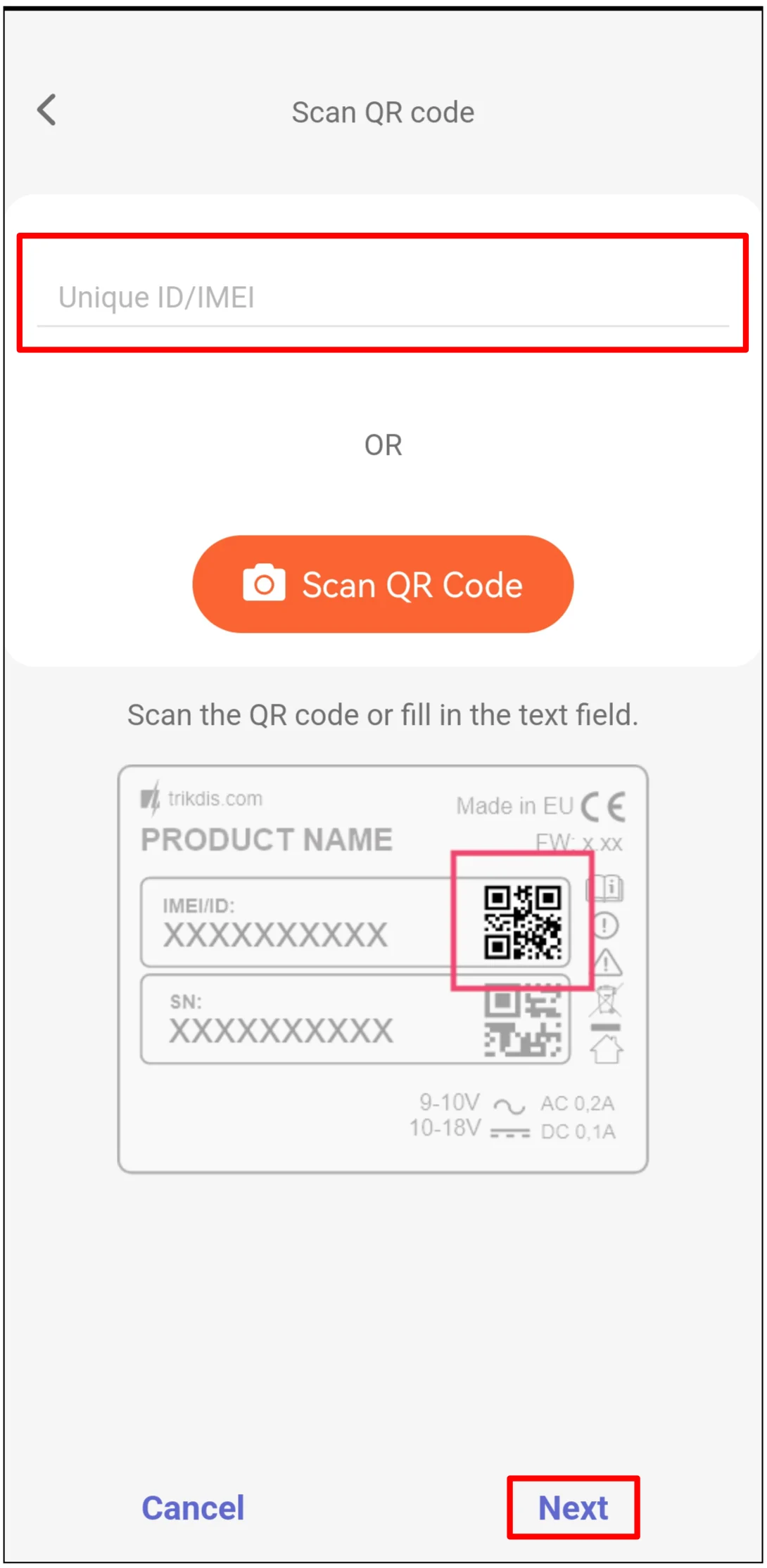 Protegus2 IMEI įvedimo ekranas
