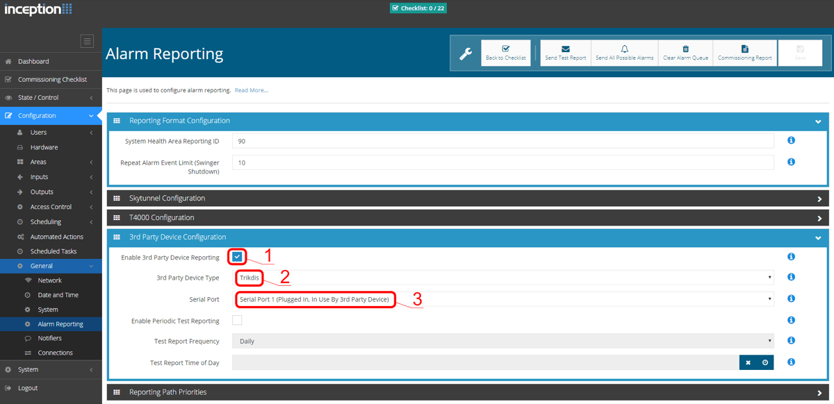 Страница Alarm Reporting панели Inception. В разделе 3rd Party Device Configuration отмечено Enable 3rd Party Device Reporting; для 3rd Party Device Type выбрано Trikdis, для Serial Port — Serial Port 1 (Plugged In, In Use By 3rd Party Device). Пункты отмечены цифрами 1, 2 и 3.