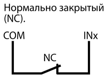Схема нормально закрытой входной цепи (NC): контакт NC подключён между COM и INx.