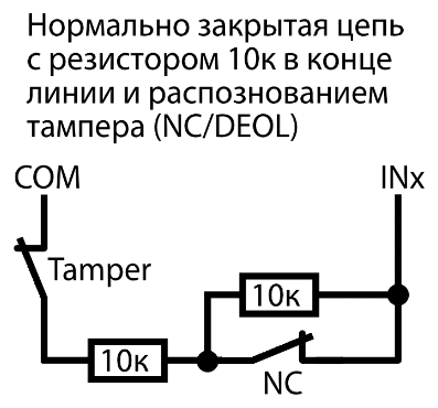 Схема NC/DEOL: от COM цепь проходит через контакт Tamper и первый резистор 10к. Далее до INx параллельно подключены нормально закрытый контакт NC и второй резистор 10к.