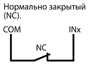 Схема подключения: нормально закрытый контакт NC между COM и INx. Замыкание — восстановление, размыкание — тревога.