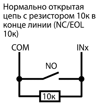 Между COM и INx параллельно соединены нормально открытый контакт NO и резистор 10к. При разомкнутом контакте путь проходит через резистор; при замкнутом контакт шунтирует его. В подписи к рисунку цепь названа нормально открытой, но обозначение в скобках — «NC/EOL 10к».