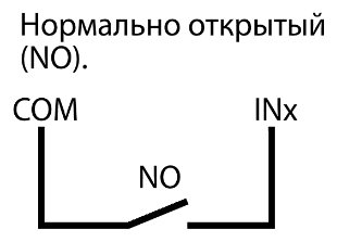 Схема подключения: нормально открытый контакт NO между COM и INx. Замыкание — тревога, размыкание — восстановление.
