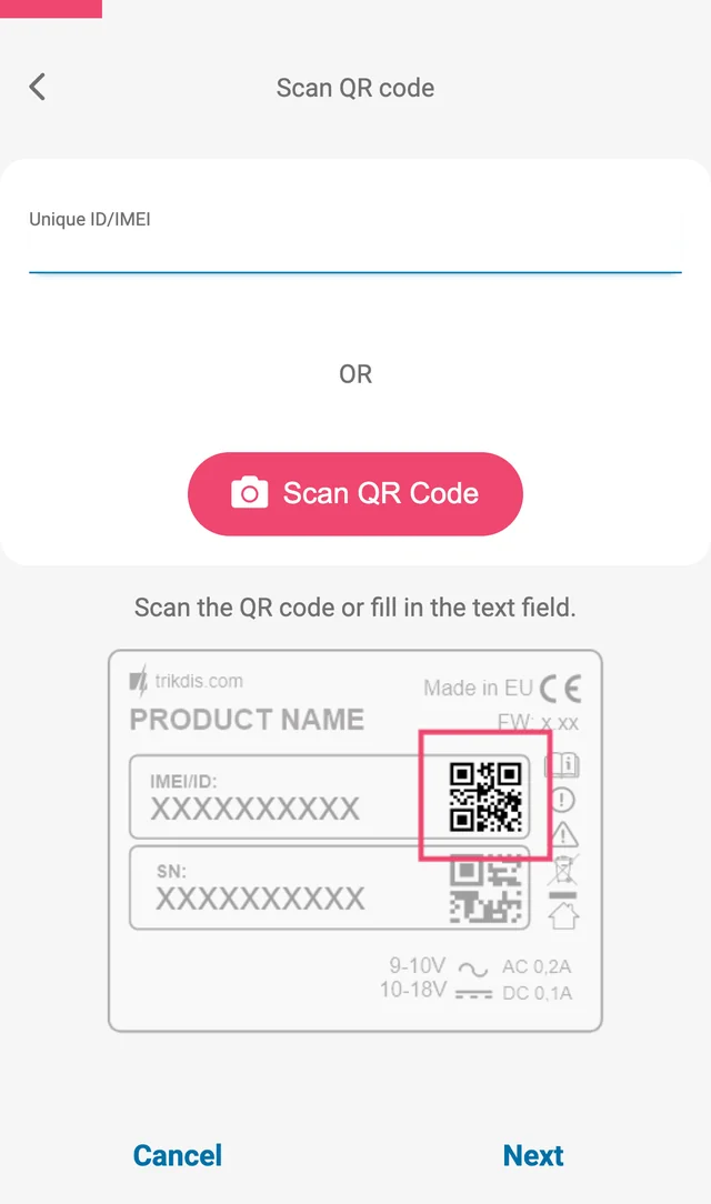 Экран приложения Protegus2 «Scan QR code» для добавления системы: пустое поле Unique ID/IMEI, «OR», кнопка Scan QR Code, подсказка «Scan the QR code or fill in the text field.» и рисунок наклейки изделия с выделенным QR-кодом. Кнопки Cancel и Next.
