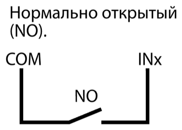 Схема нормально открытой входной цепи (NO): контакт NO подключён между COM и INx.