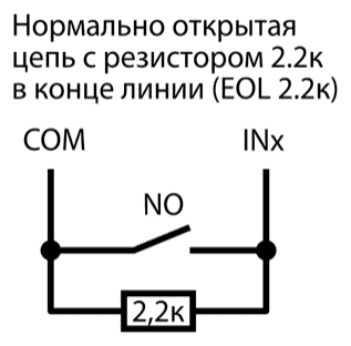 Схема подключения: нормально открытый контакт NO и оконечный резистор 2,2k параллельно между COM и INx (EOL 2,2k).